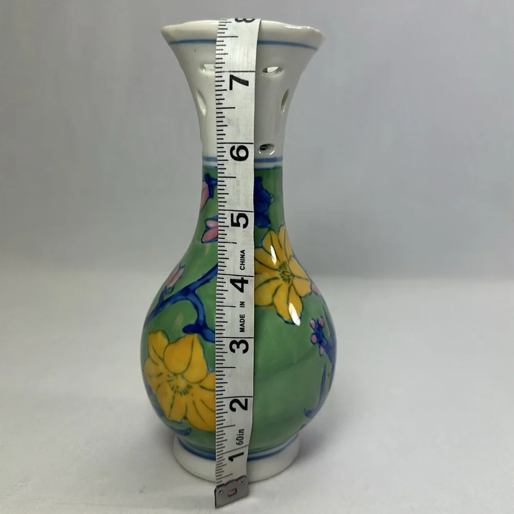 Vintage Chinese Pottery Hand Painted Floral Green Vase Pink Yellow Blue Flowers